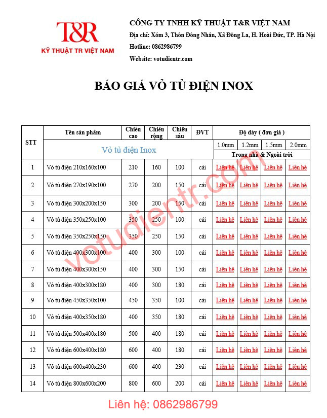 Bảng báo giá vỏ tủ điện Inox